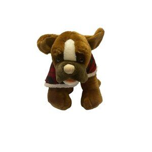 Build A Bear BAB Brown Boxer Dog Plush Stuffed Animal Buffalo Plaid Blanket Coat